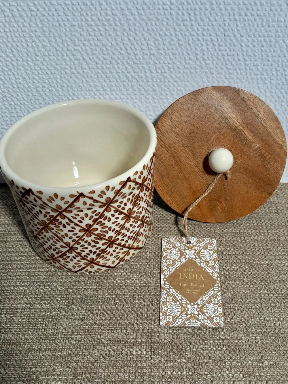 Ceramic Jar with Wood Lid - Hand-Painted Brown & Cream - Picture 4 of 8